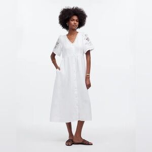 Madewell Cassie Button-Front Midi Linen Dress in White Size Small